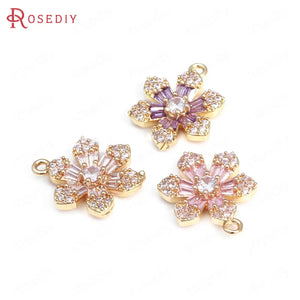 6PCS High Champagne Brass Zircon Flower Charms Pendants Jewelry Making Diy