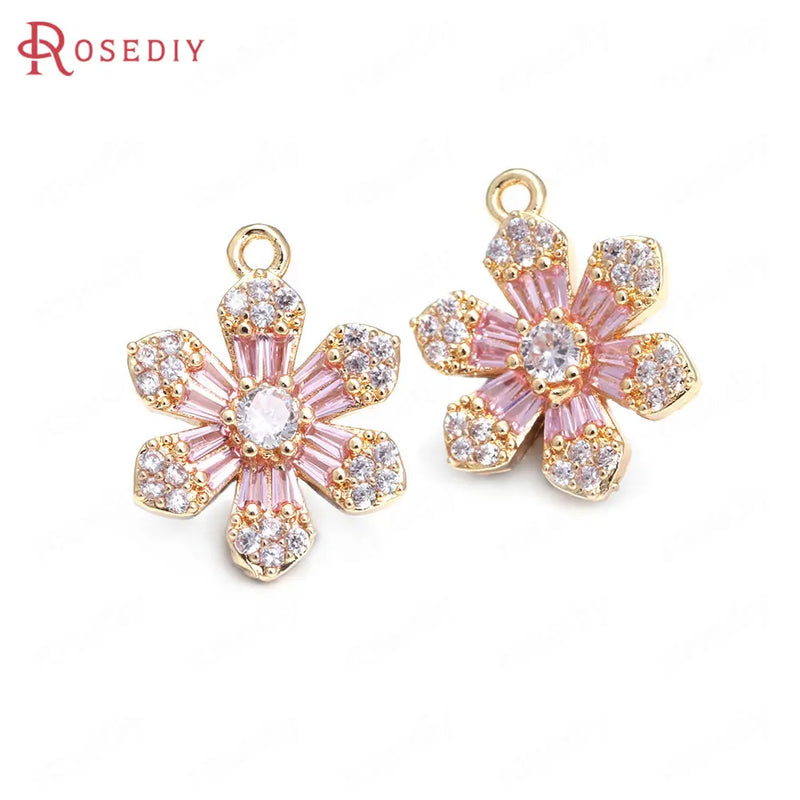 6PCS High Champagne Brass Zircon Flower Charms Pendants Jewelry Making Diy