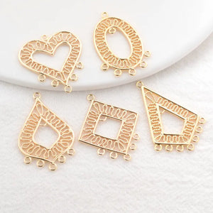 6PCS 14K Plated Flower Heart Square Shape 5 Holes Connect Charms Pendants