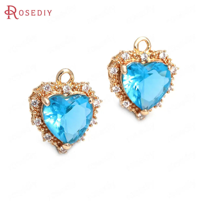 6PCS High Champagne Brass Zircon Glass Heart Charms Pendants Jewelry Making