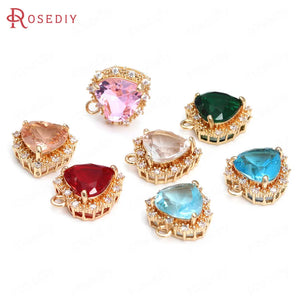 6PCS High Champagne Brass Zircon Glass Heart Charms Pendants Jewelry Making
