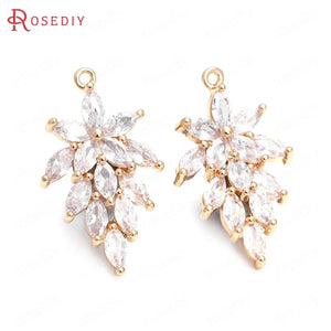 6PCS 14x25MM High Champagne Brass Zircon Tree Leaf Charms Pendants