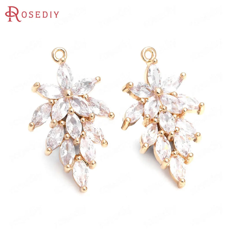 6PCS 14x25MM High Champagne Brass Zircon Tree Leaf Charms Pendants