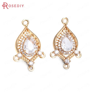 6PCS 16x25MM Champagne Brass Zircon Glass Drop Earrings Charms