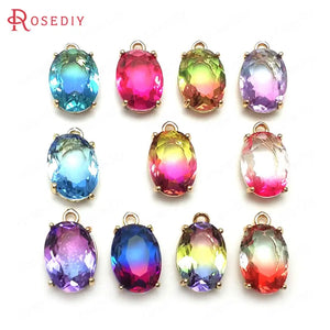 6PCS 17x10MM Oval Charms Pendants Champagne Brass Glass Rainbow S