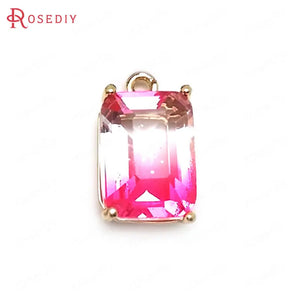 6PCS 17x10MM Champagne Brass & Glass Rainbow Style Rectangle Charms