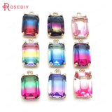 6PCS 17x10MM Champagne Brass & Glass Rainbow Style Rectangle Charms