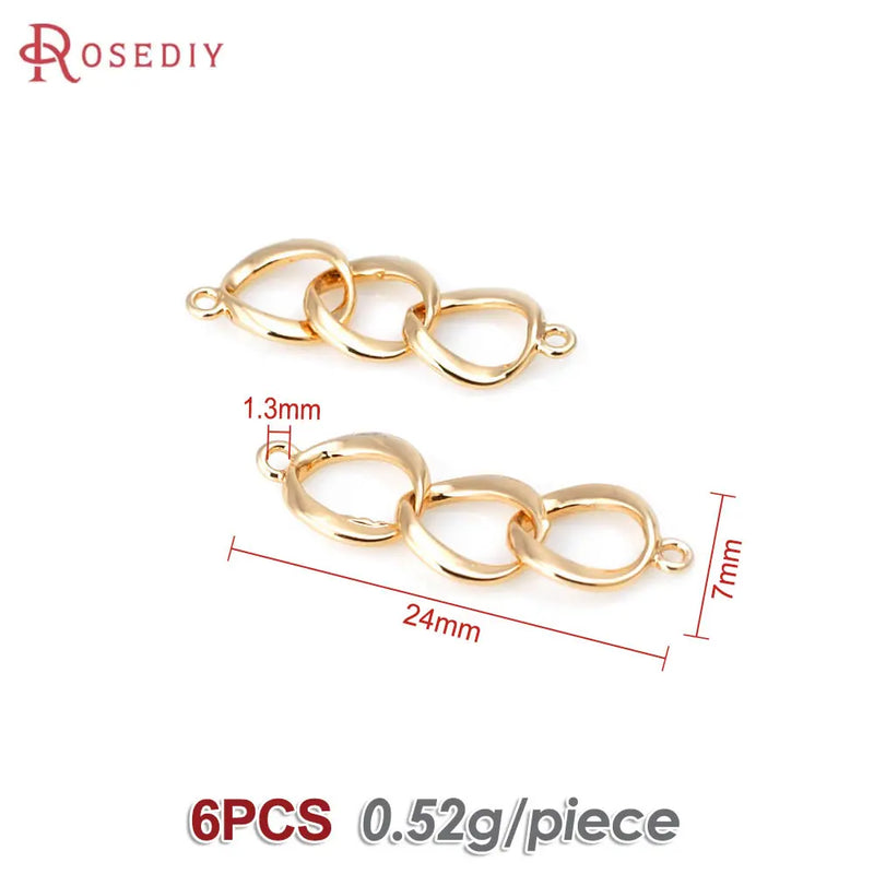 6PCS 18K Brass 2 Holes 3 Rings Charms for Jewelry Making