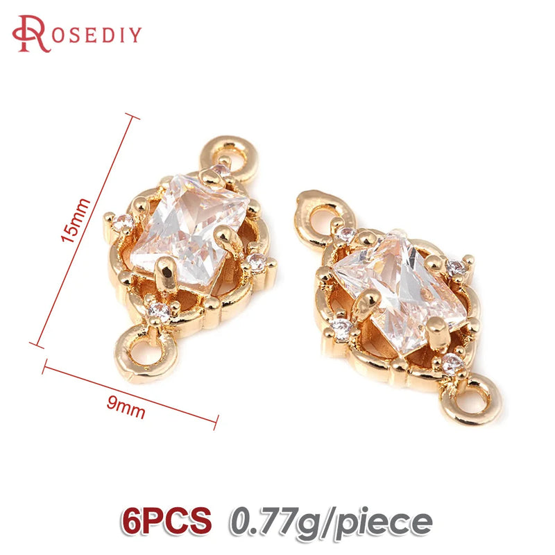 6PCS 18K Brass Zircon 2 Holes Charms Pendants Jewelry Making Women