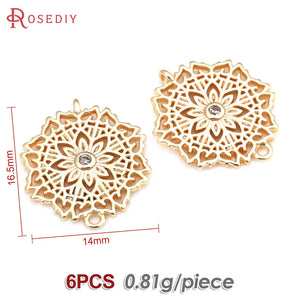 6PCS 18K Brass and Zircon 2 Holes Flower Connect Charms Pendants