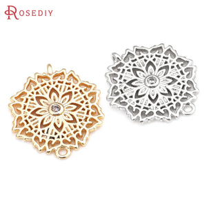 6PCS 18K Brass and Zircon 2 Holes Flower Connect Charms Pendants