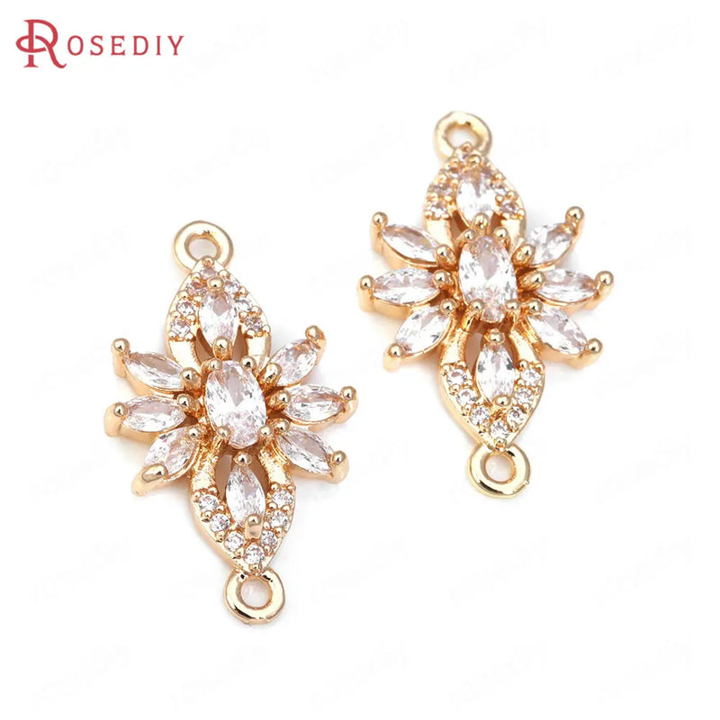 6PCS 18K Brass Flowers Connect Charms Pendants Zircon Jewelry Making Earrings