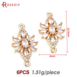 6PCS 18K Brass Flowers Connect Charms Pendants Zircon Jewelry Making Earrings