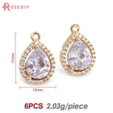 6PCS 18K Brass Zircon Drop Shape Charms Pendants Diy Jewelry Making