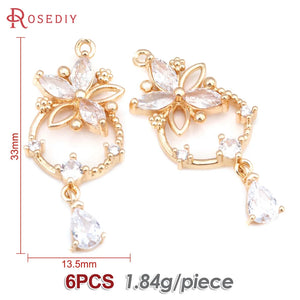 6PCS 18K Brass Zircon Flower Charms Pendants Jewelry Making Women