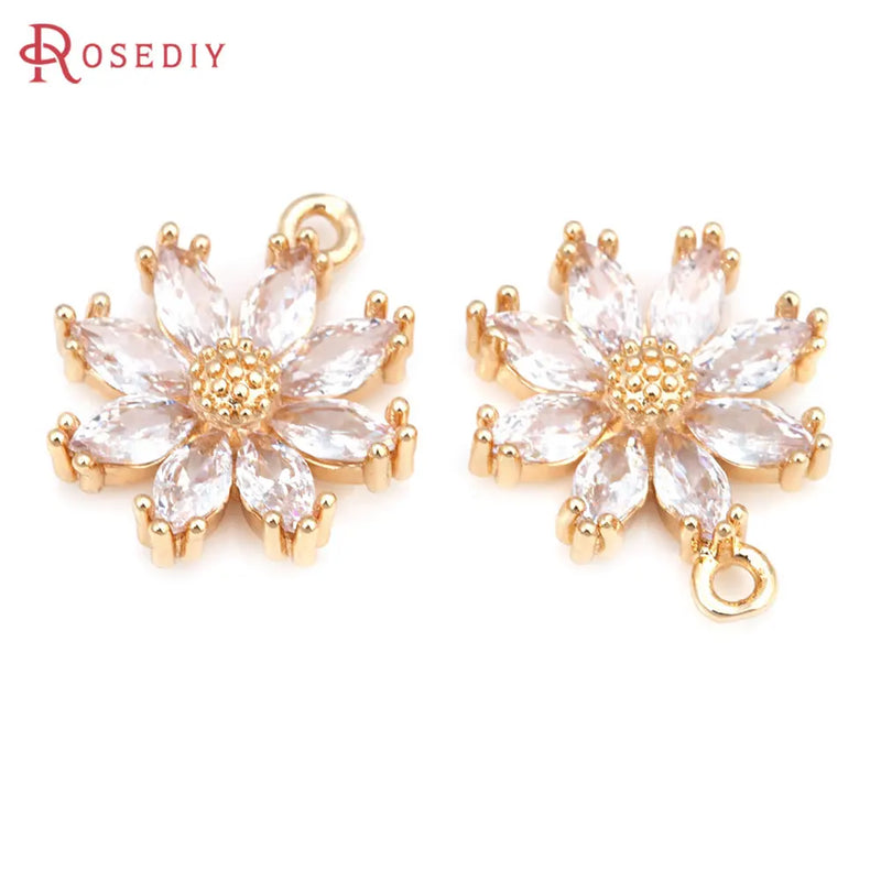 6PCS 18K Brass Zircon Flower Charms Pendants High Jewelry Making