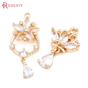 6PCS 18K Brass Zircon Flower Charms Pendants Jewelry Making Women