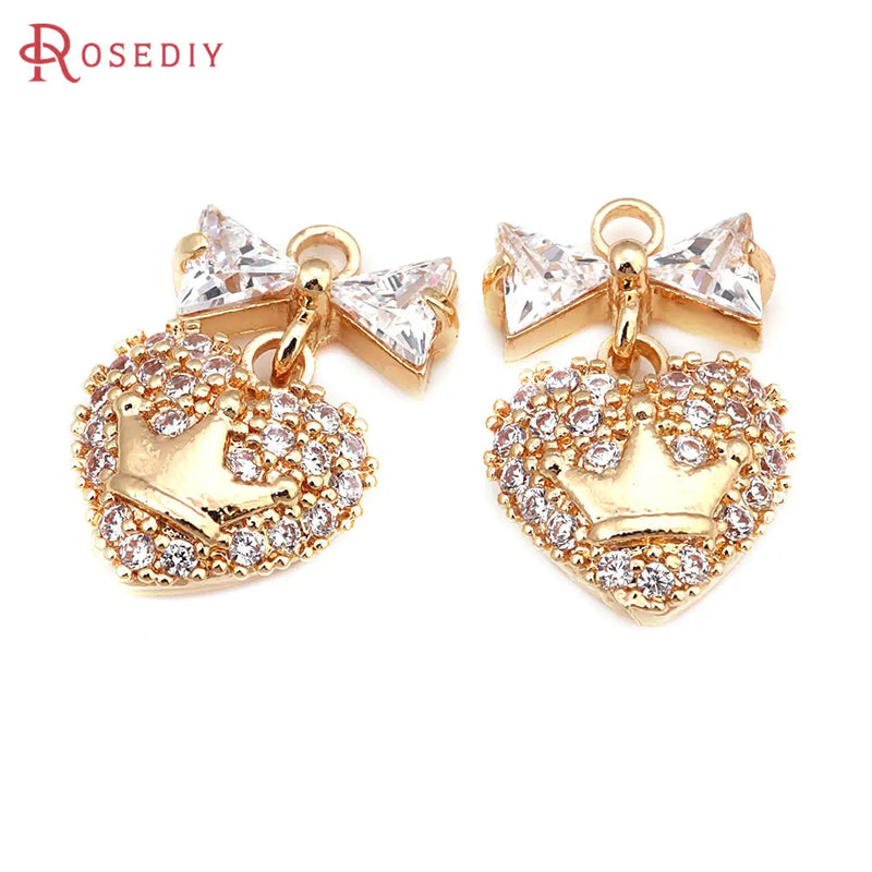 6PCS 18K Brass Zircon Heart Crown Bow Charms Pendants Jewelry Making