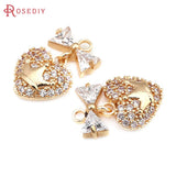 6PCS 18K Brass Zircon Heart Crown Bow Charms Pendants Jewelry Making