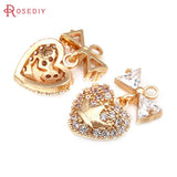 6PCS 18K Brass Zircon Heart Crown Bow Charms Pendants Jewelry Making
