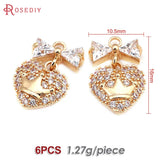 6PCS 18K Brass Zircon Heart Crown Bow Charms Pendants Jewelry Making