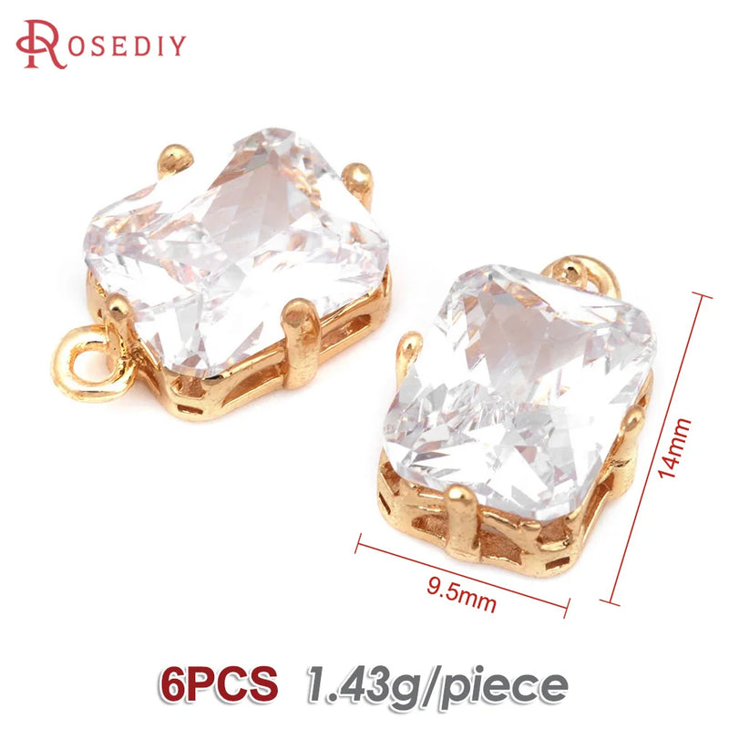6PCS 18K Brass Zircon Rectangle Charms Pendant Jewelry Making Supplies