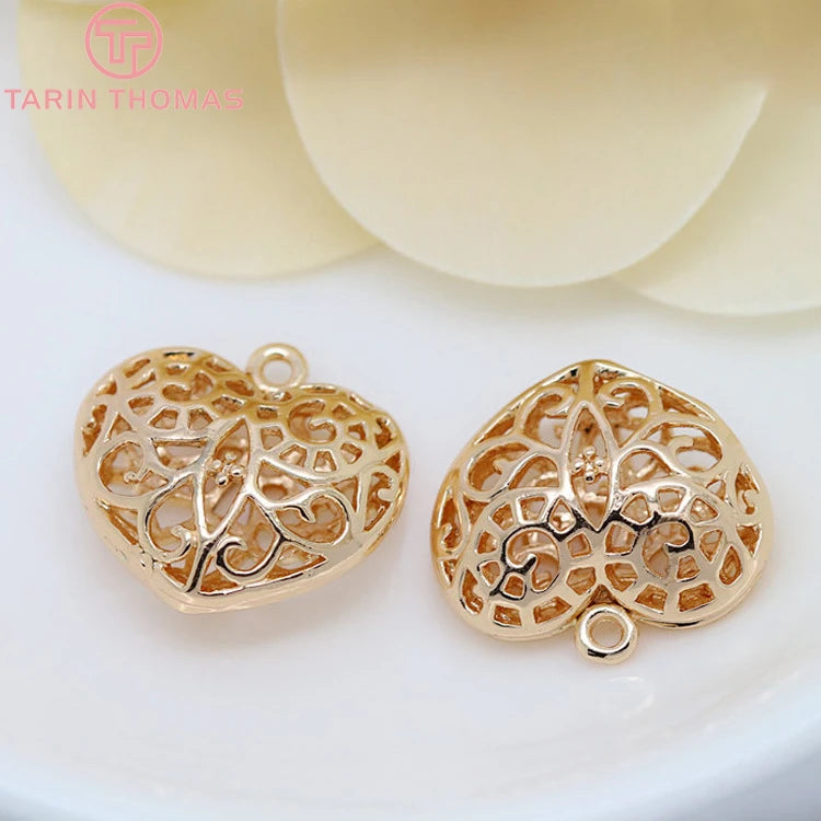 6PCS 24K Champagne Plated Brass Heart Charms Pendants DIY Jewelry