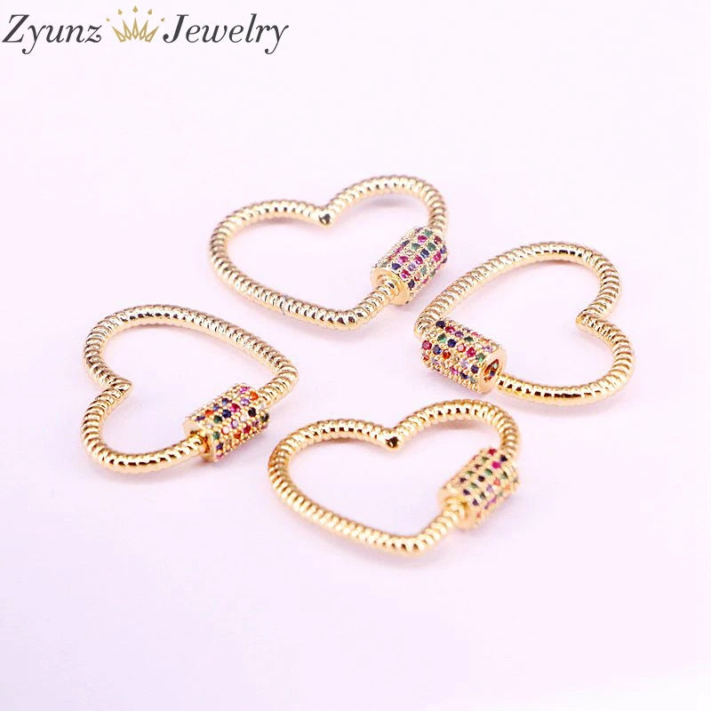 6PCS Rainbow CZ Heart Shape Screw Clasp Lock Jewelry Findings