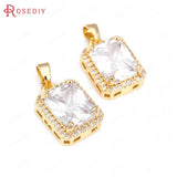 6PCS 24K Brass Zircon Glass Rectangle Charms Pendants Jewelry Making Supplies