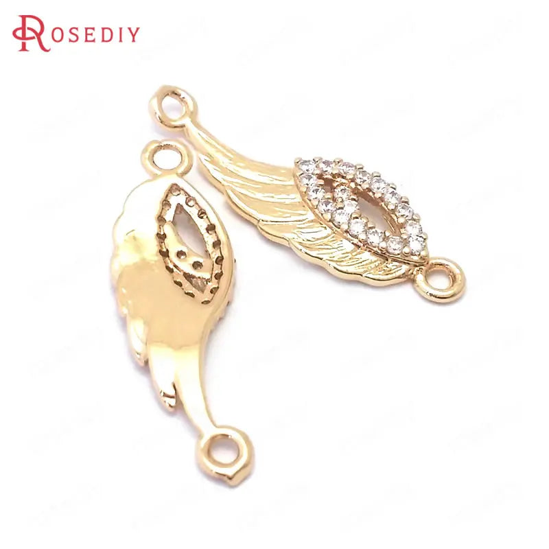 6PCS 24x7.5MM Champagne Brass Zircon Wing Charms Pendants