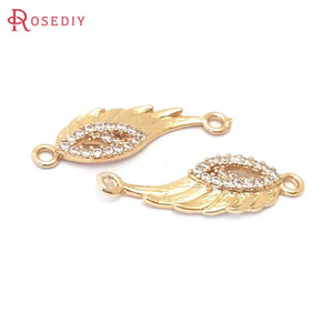 6PCS 24x7.5MM Champagne Brass Zircon Wing Charms Pendants
