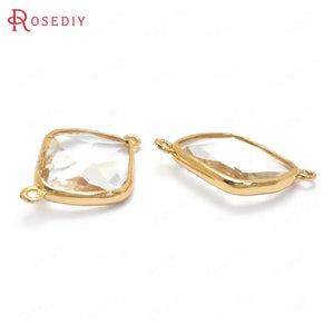 6PCS 27x18MM Champagne Brass Glass 2 Holes Polygon Charms Pendants