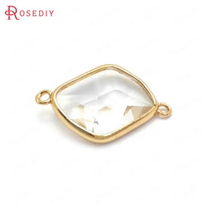 6PCS 27x18MM Champagne Brass Glass 2 Holes Polygon Charms Pendants