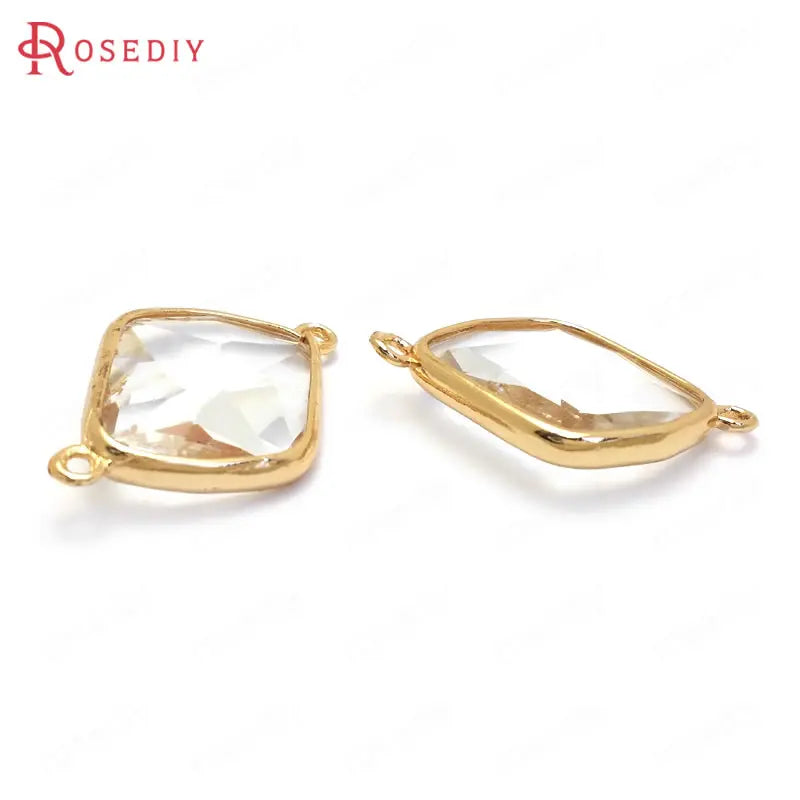 6PCS 27x18MM Champagne Brass Glass 2 Holes Polygon Charms Pendants