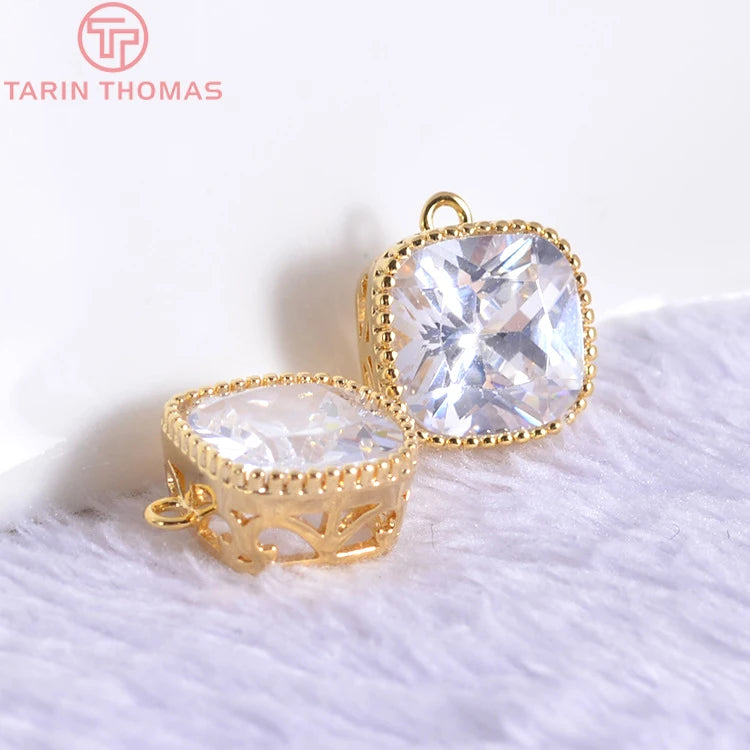 6PCS 6MM 7MM 8MM 24K Champagne Brass with Zircon Rounded Square Charms Pendants