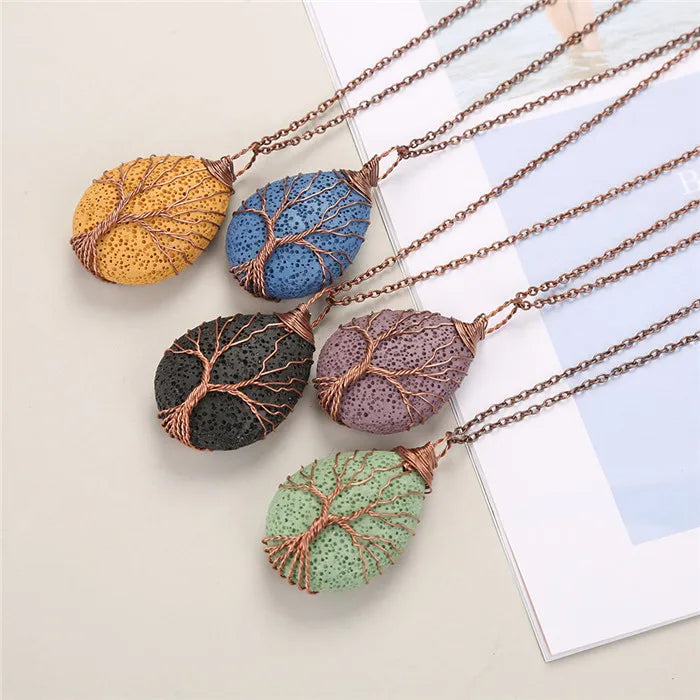 7 Chakra Natural Stone Volcanic Rock Tree of Life Pendant Necklace