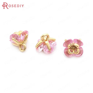 6PCS High Champagne Brass Zircon 3D Flower Charms Pendants Jewelry Earrings