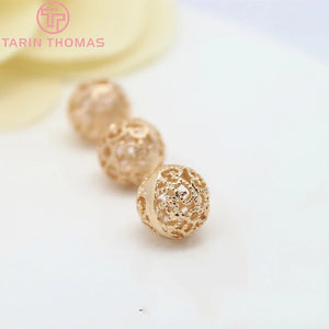 6PCS 8MM 10MM 12MM 24K Champagne Plated Brass Hollow Pattern Round Beads