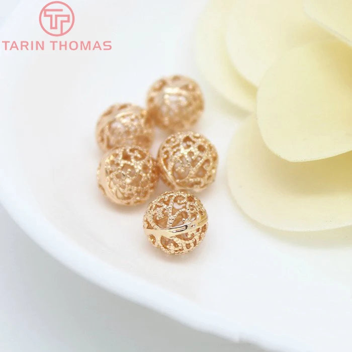 6PCS 8MM 10MM 12MM 24K Champagne Plated Brass Hollow Pattern Round Beads