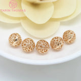 6PCS 8MM 10MM 12MM 24K Champagne Plated Brass Hollow Pattern Round Beads