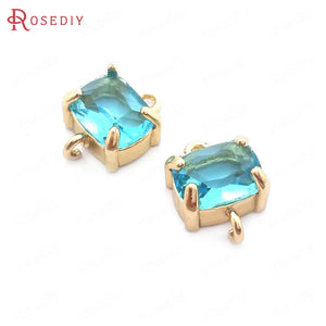 6PCS 8x10MM Champagne Brass Glass Rectangle Connect Charms Pendants