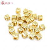 6PCS 8x8MM 4MM Hole 24K Brass Zircon Cube Letter Beads Jewelry Making