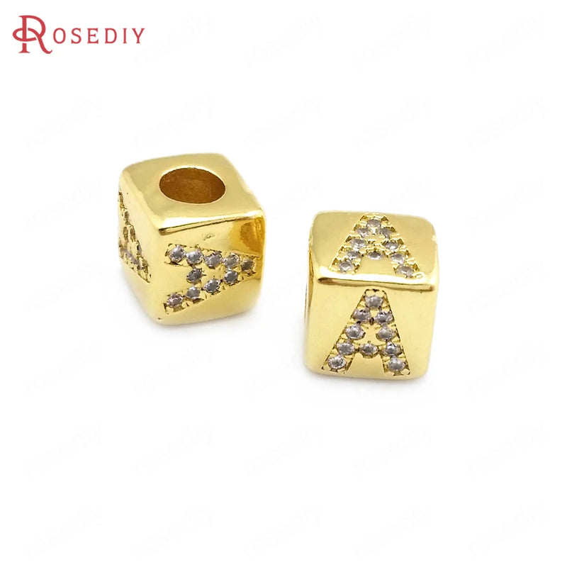6PCS 8x8MM 4MM Hole 24K Brass Zircon Cube Letter Beads Jewelry Making
