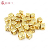 6PCS 8x8MM 4MM Hole 24K Brass Zircon Cube Letter Beads Jewelry Making