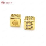 6PCS 8x8MM 4MM Hole 24K Brass Zircon Cube Letter Beads Jewelry Making