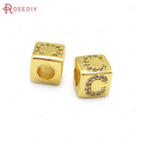 6PCS 8x8MM 4MM Hole 24K Brass Zircon Cube Letter Beads Jewelry Making