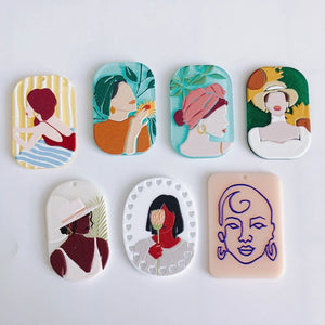 6PCS Women Portrait Painting Acrylic Necklace Earrings Bracelet Pendant