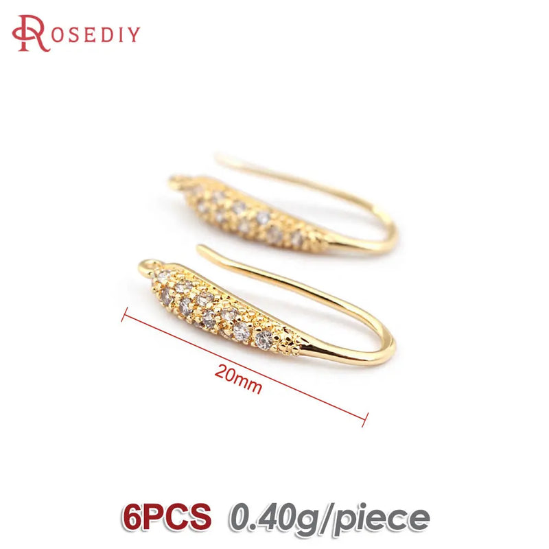 6PCS 18K Brass Earrings Hook with Zircon for DIY Jewelry Making