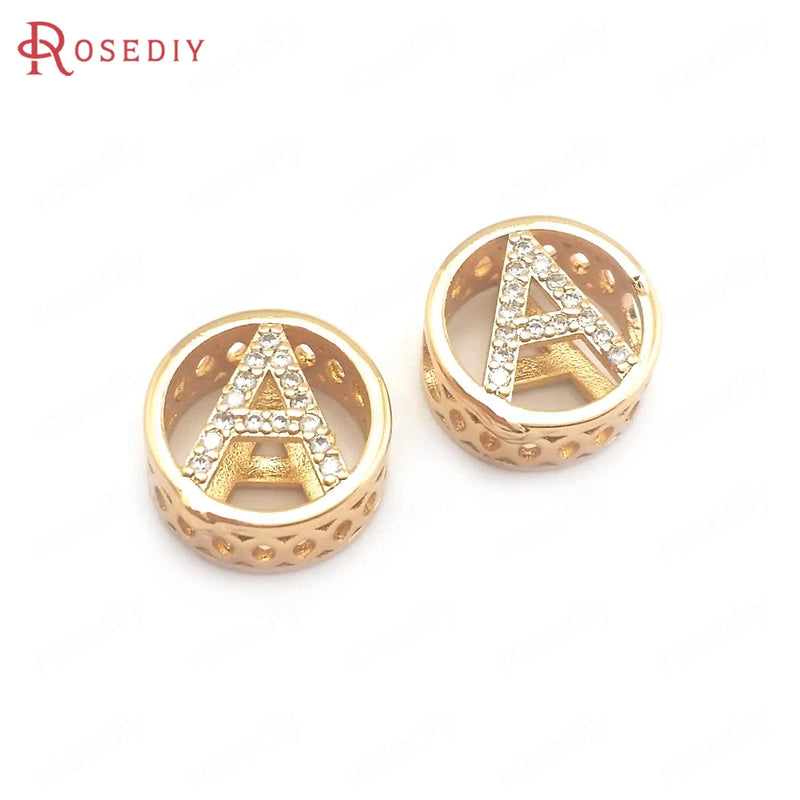 6PCS Champagne Brass Zircon Letter Large Hole Beads Spacer