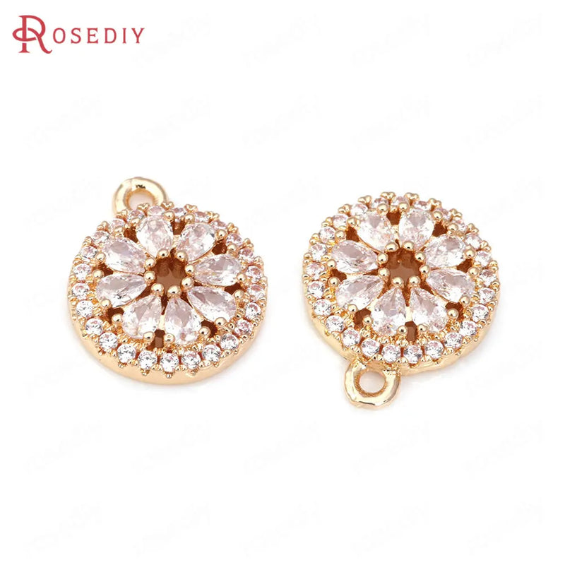 6PCS Champagne Brass Zircon Flower Charms Pendants